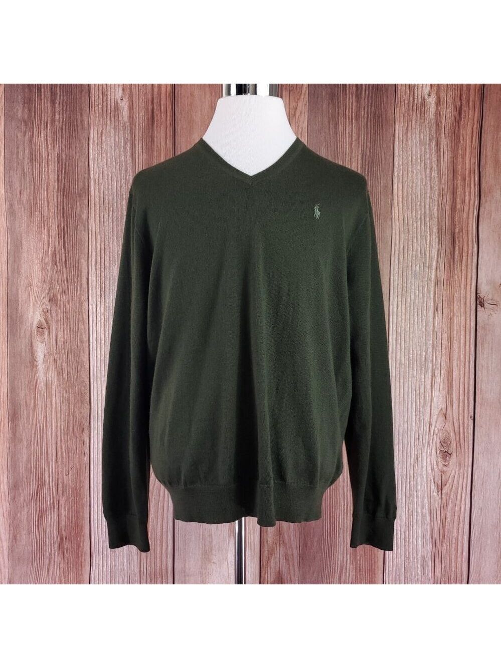 Polo Ralph Lauren Mens XL Washable Merino Wool V-Neck Sweater Pony Green